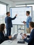 Geschäftsleute analysieren ein Flussdiagramm auf einem großen digitalen Whiteboard in einem modernen Bürogebäude.