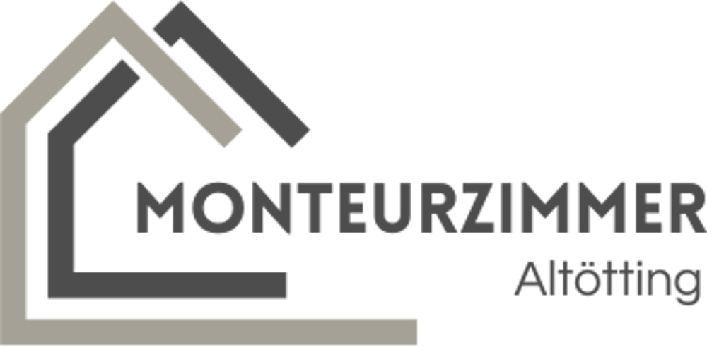 Graues stilisiertes Haus-Symbol mit Text "MONTEURZIMMER Altötting" auf grünem Hintergrund.