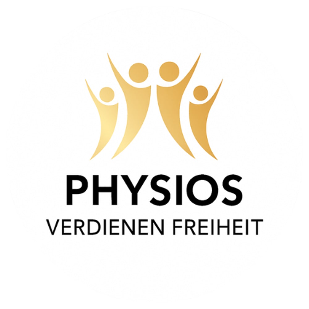 Goldene Silhouetten von vier Personen mit erhobenen Armen über dem Text "PHYSIOS VERDIENEN FREIHEIT".