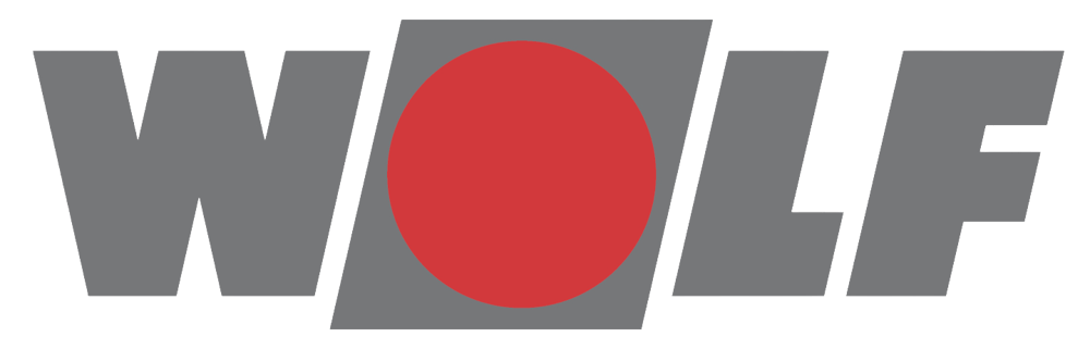 WOLF-Logo in grauen Großbuchstaben mit einem roten Kreis als "O".