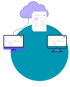 Eine lila Wolke, zwei Dokumente, zwei Computer und schwarze Pfeile, die eine Datenübertragung darstellen.