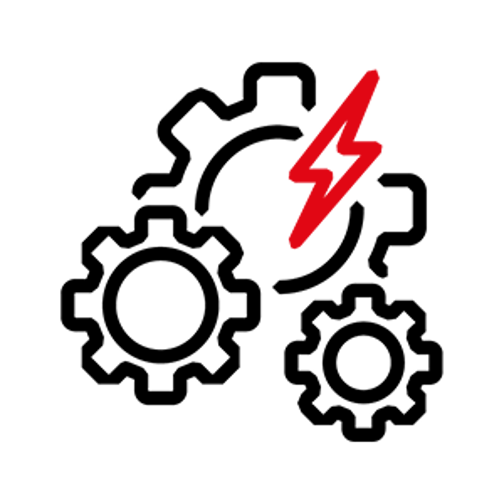 Drei Zahnräder mit einem roten Blitzsymbol in der oberen Mitte.