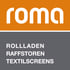 Roma Logo mit dem Text Rollladen, Raffstoren und Textilscreens auf orangefarbenem und grauem Hintergrund.