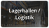 Hohe Regale in einer Lagerhalle mit dem Text Lagerhallen / Logistik.
