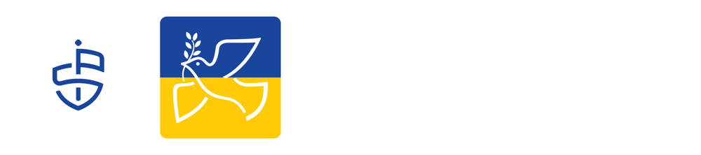Logo for Pechersk School International Kyiv, with a blue shield and flag, and a dove over a Ukrainian flag.
