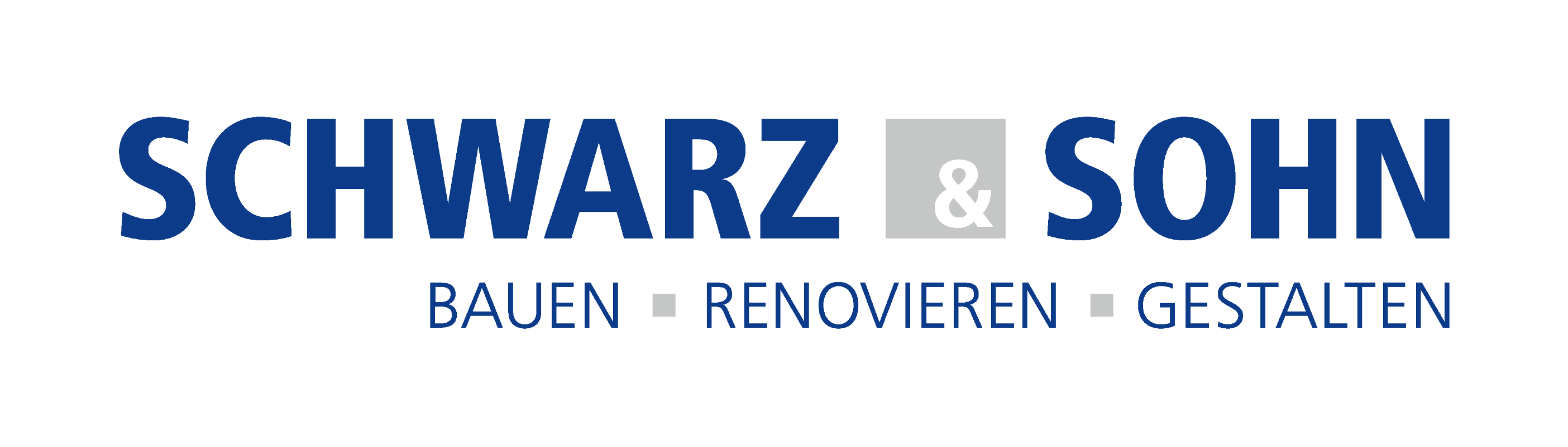 Schwarz & Sohn Logo in Blau mit dem Slogan Bauen, Renovieren, Gestalten auf weißem Hintergrund.