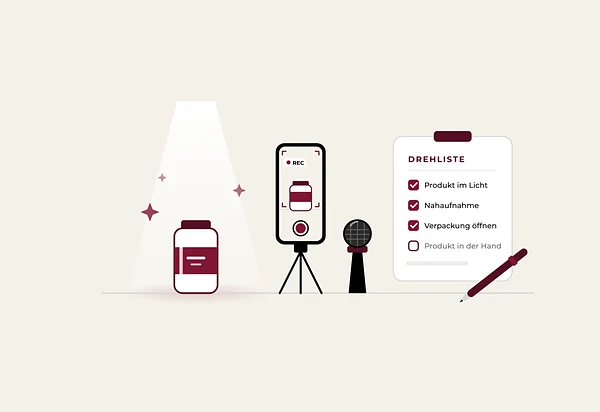 Grafik: Produkt im Scheinwerferlicht, Smartphone auf Stativ, Mikrofon und abgehakte Drehliste