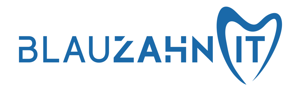 Blaues Logo mit dem Text "BLAUZAHN IT" und einem stilisierten Zahn, der den Buchstaben "I" umgibt.