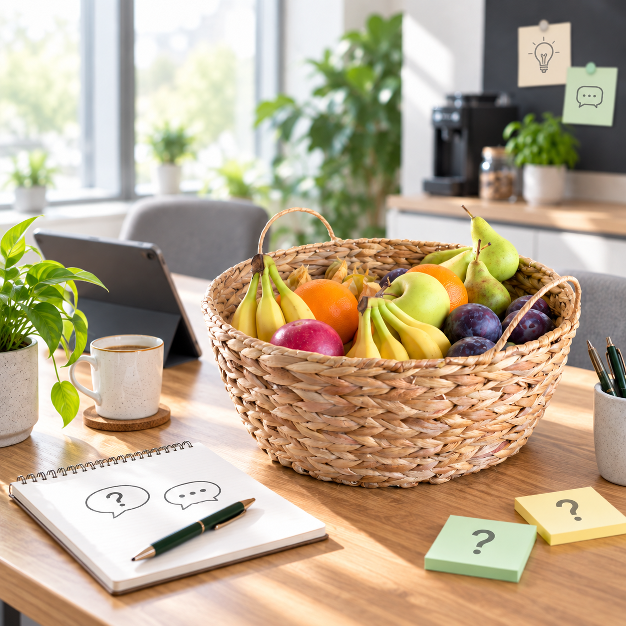 Frische Obstkiste auf einem Besprechungstisch im modernen Büro