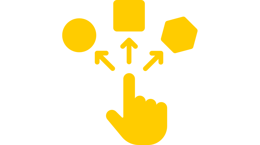 Eine Hand zeigt auf drei Pfeile, die zu einem Kreis, Quadrat und Sechseck führen. Es symbolisiert die Auswahlmöglichkeit der Mitarbeiter in ihrer Spezialisierung bei Schiffer Bedachungen.