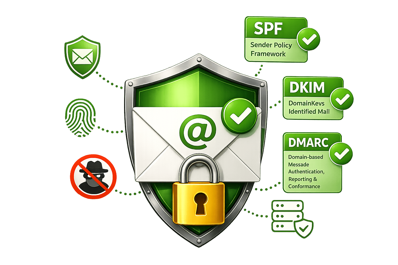 Grüner Schutzschild mit Briefumschlag und Vorhängeschloss als Sinnbild für den Schutz vor Phishing-Mails