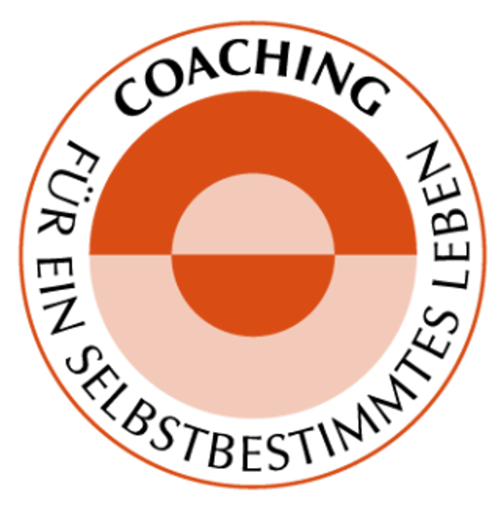 Runder Stempel mit dem Text "COACHING FÜR EIN SELBSTBESTIMMTES LEBEN" um einen leeren, orangefarbenen Kreis.