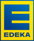 Gelbes EDEKA-Logo auf blauem Hintergrund mit einem gelben Rahmen.