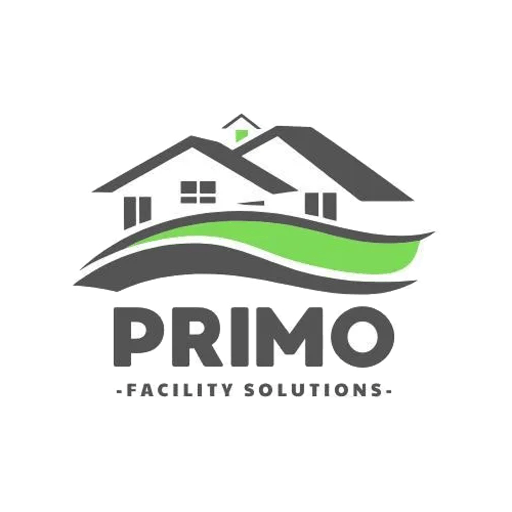 Logo von Primo Facility Solutions: zwei Häuser mit grünem Dach und Grünfläche.