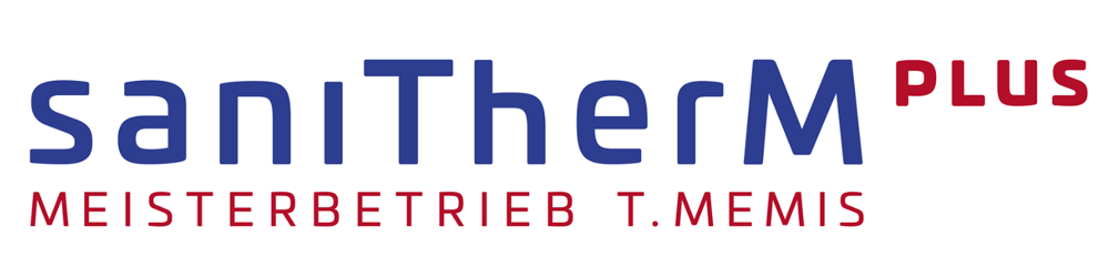 Logo "saniTherM PLUS MEISTERBETRIEB T. MEMIS" in Blau und Rot auf weißem Hintergrund.