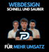 Drei Männer mit dem blauen Logo von "P" auf der Brust, darüber "WEBDESIGN SCHNELL UND SAUBER", darunter "FÜR MEHR UMSATZ".