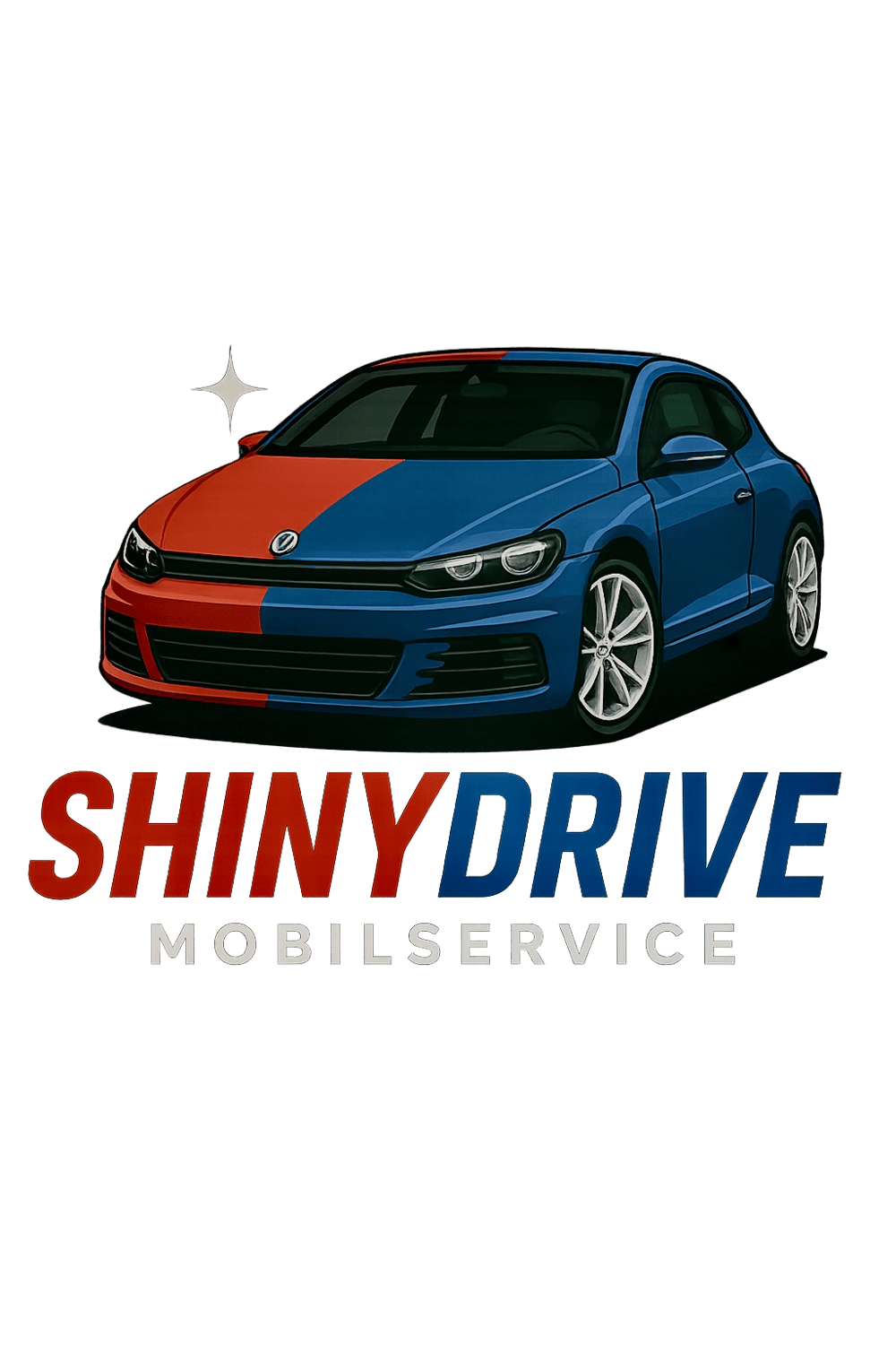 Blaues und rotes Auto mit Text "SHINYDRIVE MOBILSERVICE" und glitzerndem Stern.