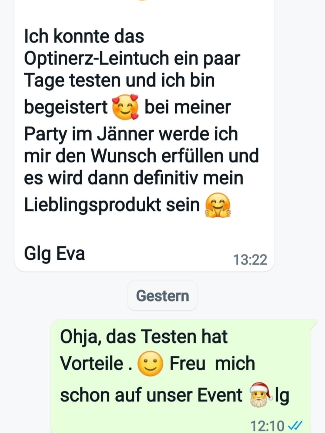 WhatsApp-Nachricht von Eva über das Optinerz-Leintuch