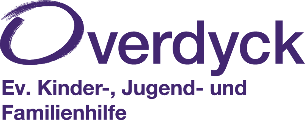 Lila Logo der Overdyck Ev. Kinder-, Jugend- und Familienhilfe auf schwarzem Hintergrund.