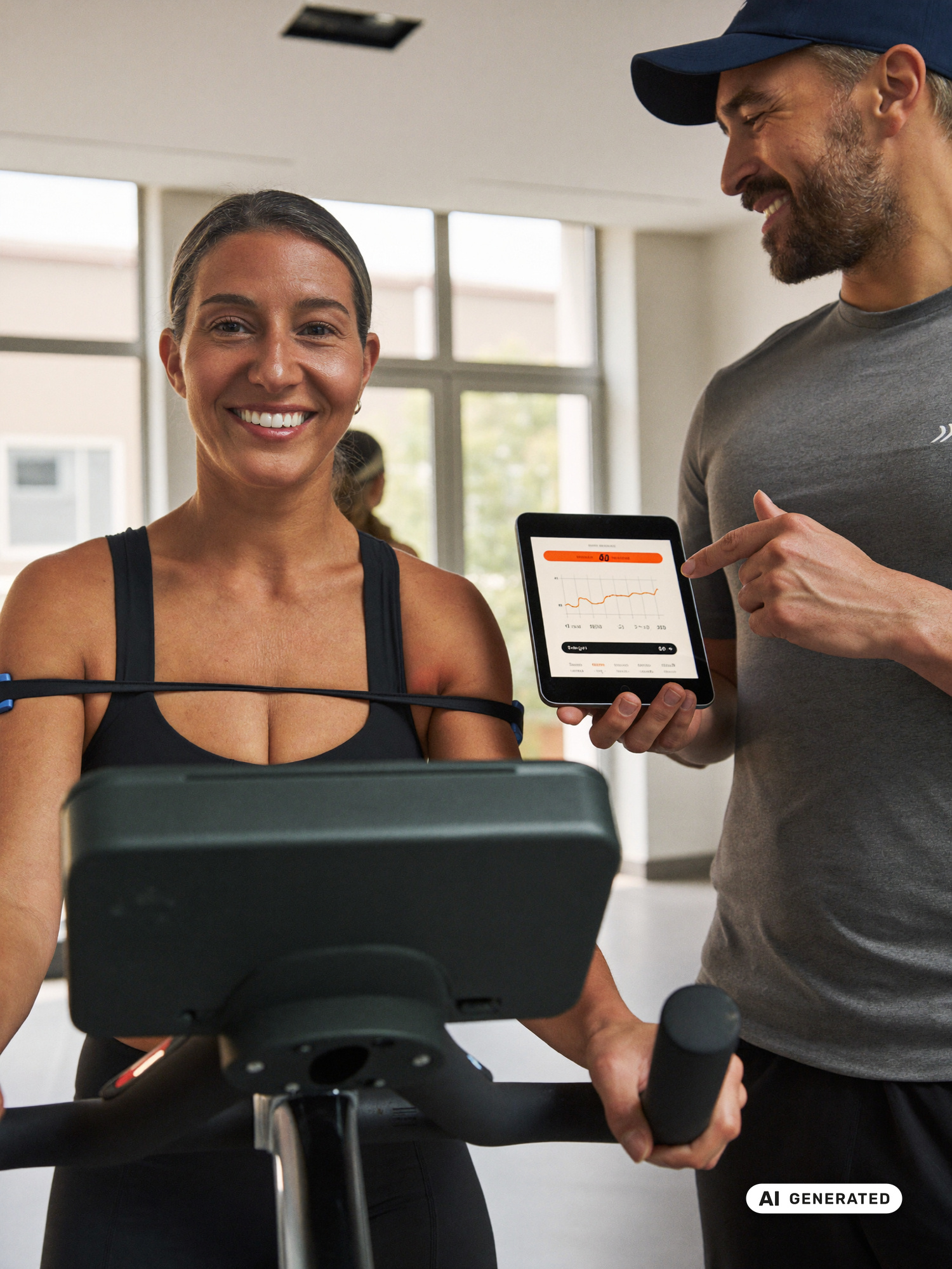 Frau um die 50 auf dem Ergometer mit Herzfrequenzgurt, ein Trainer zeigt ihr die Pulskurve auf dem Tablet
