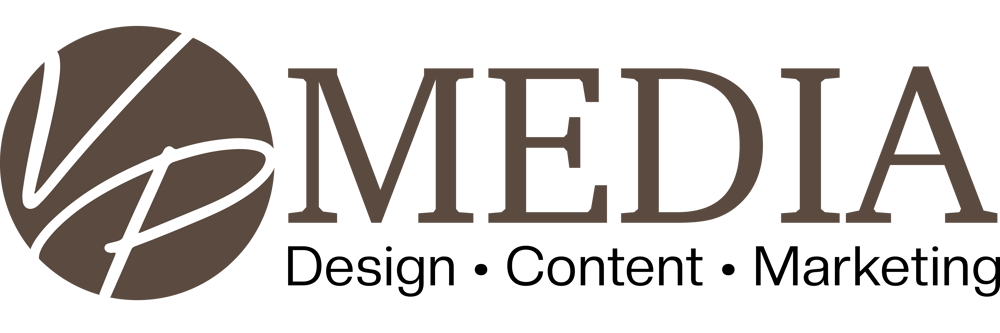 VP MEDIA Logo mit den Schlagworten Design, Content, Marketing.