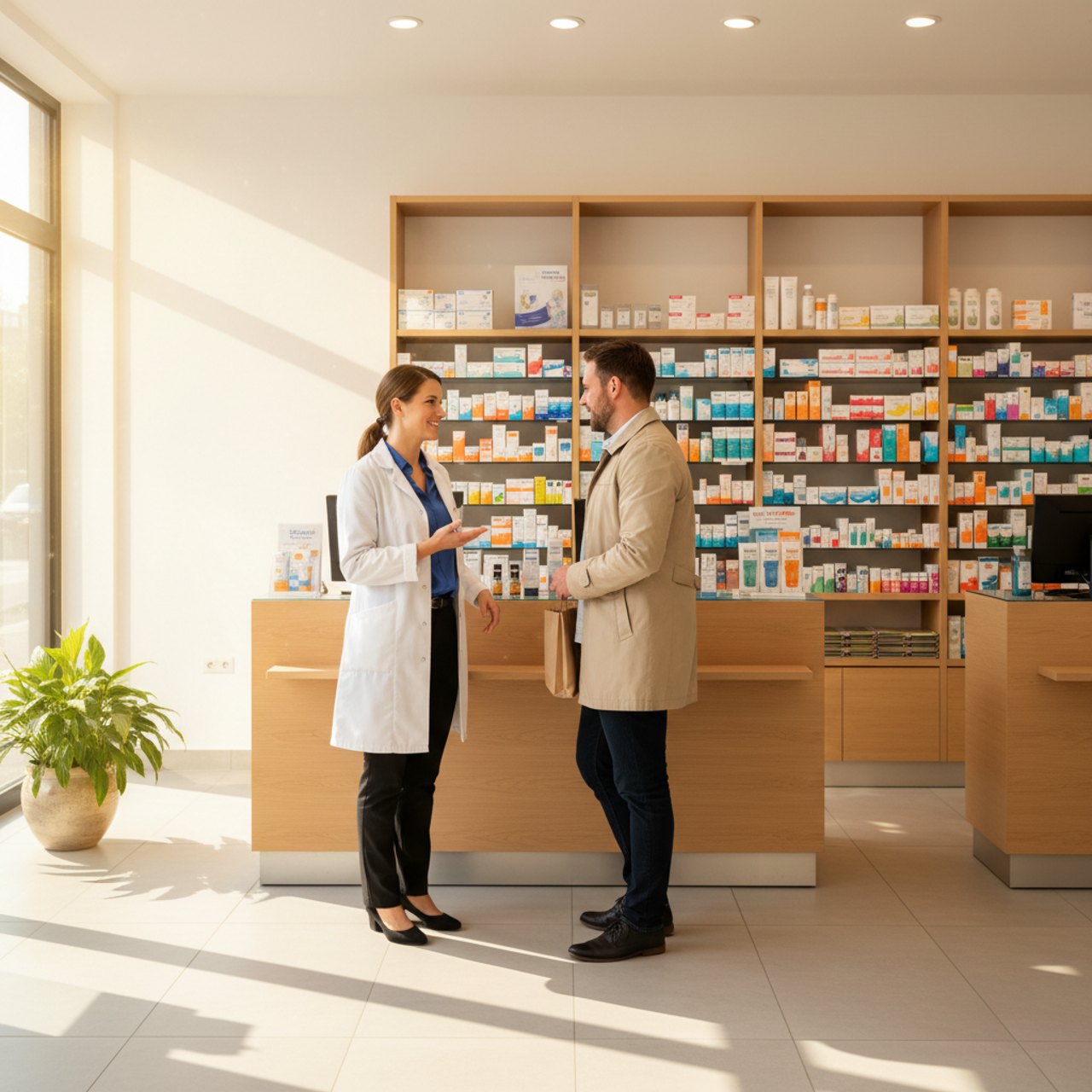 Apotheker berät eine Kundin in der Offizin