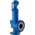 Blaues Sicherheitsventil mit Flanschanschluss und Hebel auf dunklem Hintergrund.