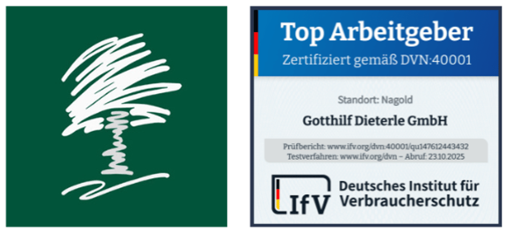 Ein grünes Quadrat mit weißem Baumlogo und ein graues Quadrat mit Text "Top Arbeitgeber Zertifikat Platzhalter".