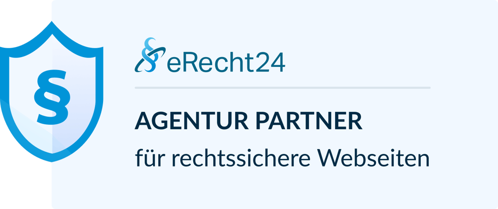 eRecht24 Agentur Partner für rechtssichere Webseiten, mit Paragraphen-Symbol im blauen Schild.