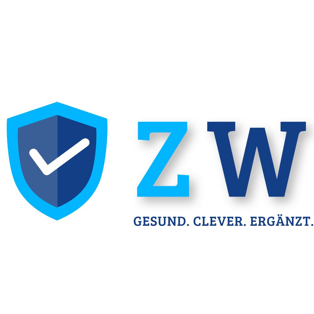 Blauer Schild mit Häkchen neben blauem „ZW“-Logo und dem Text „GESUND. CLEVER. ERGÄNZT.“