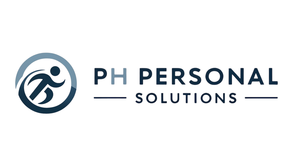 Logo: Blaue Silhouette einer laufenden Person in einem Kreis mit dem Text "PH PERSONAL SOLUTIONS".