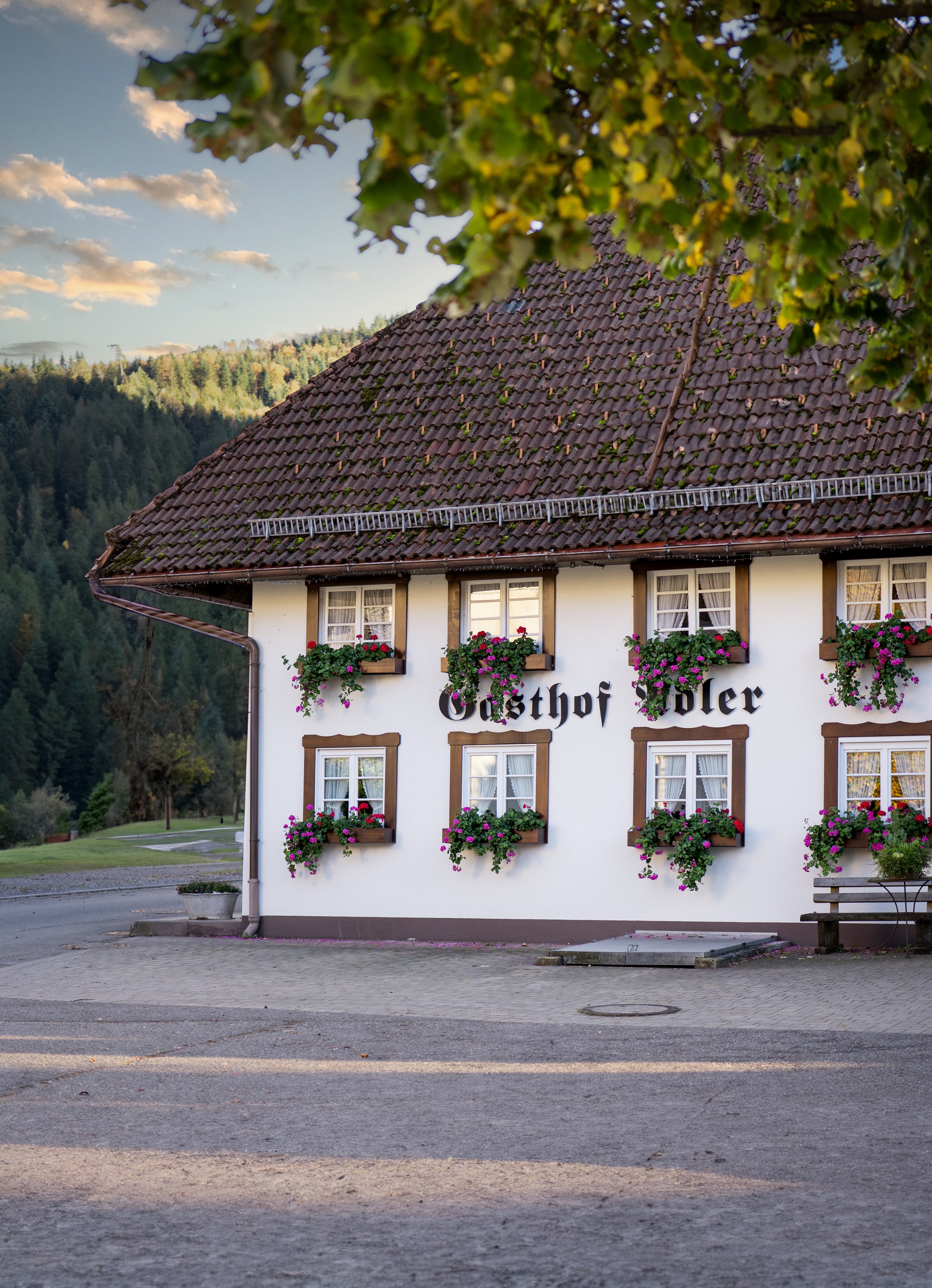 Gasthof Adler in Buchenbach mit Blumenkästen an der Fassade