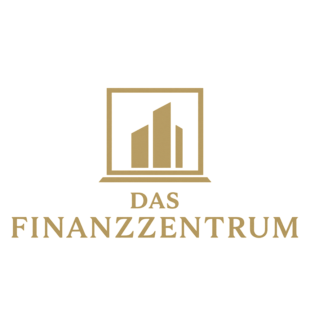 Goldenes Logo auf dunkelgrünem Grund mit stilisierten Gebäuden in einem Quadrat über dem Text "DAS FINANZZENTRUM".