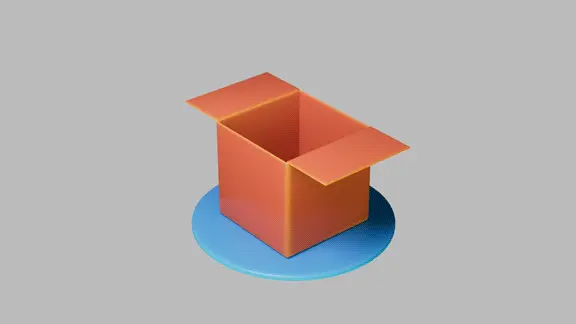 3D Animation eines sich öffnenden braunen Kartons auf einem blauen Kreis vor grauem Hintergrund.