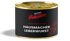 Schwarze Dose Hausmacher Leberwurst der Metzgerei Schüller mit goldenem Deckel vor schwarzem Hintergrund.