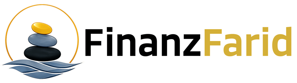 FinanzFarid Logo mit gestapelten Steinen, Wasserwellen und goldenem Kreis als Symbol für finanzielle Balance, Vermögensberatung und langfristige Finanzplanung.
