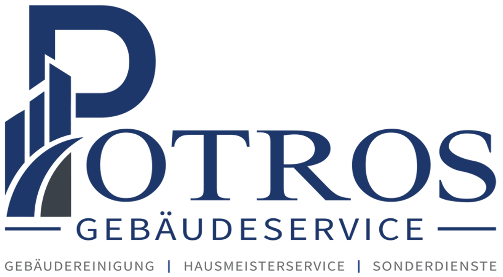 Logo von Potros Gebäudeservice für Gebäudereinigung, Hausmeisterservice und Sonderdienste in Blau auf schwarzem Grund.