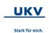 UKV Logo mit blauem Text "UKV" über einer blauen Linie und "Stark für mich." darunter.