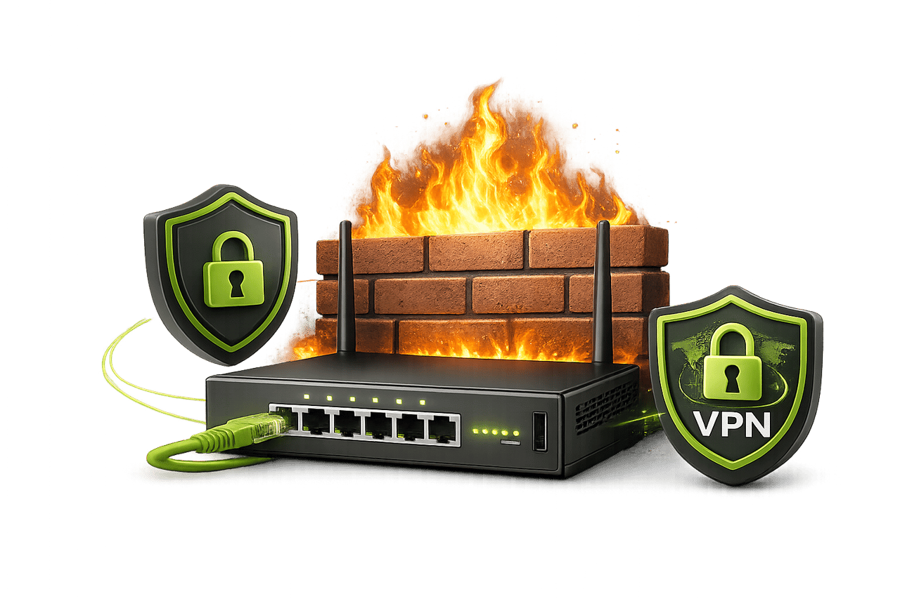 Router vor einer brennenden Mauer mit Schutzschilden als Sinnbild für Firewall und VPN