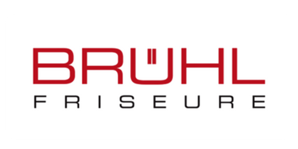 Rotes Logo mit "BRÜHL" in Großbuchstaben und "FRISEURE" darunter in kleinerer Schrift.