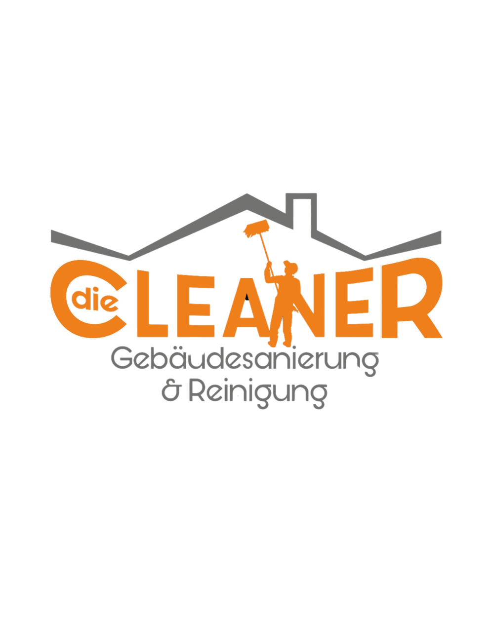 Oranges Logo "die CLEANER" mit Dachsilhouette und Person, die einen Pinsel hält. Darunter "Gebäudesanierung & Reinigung".