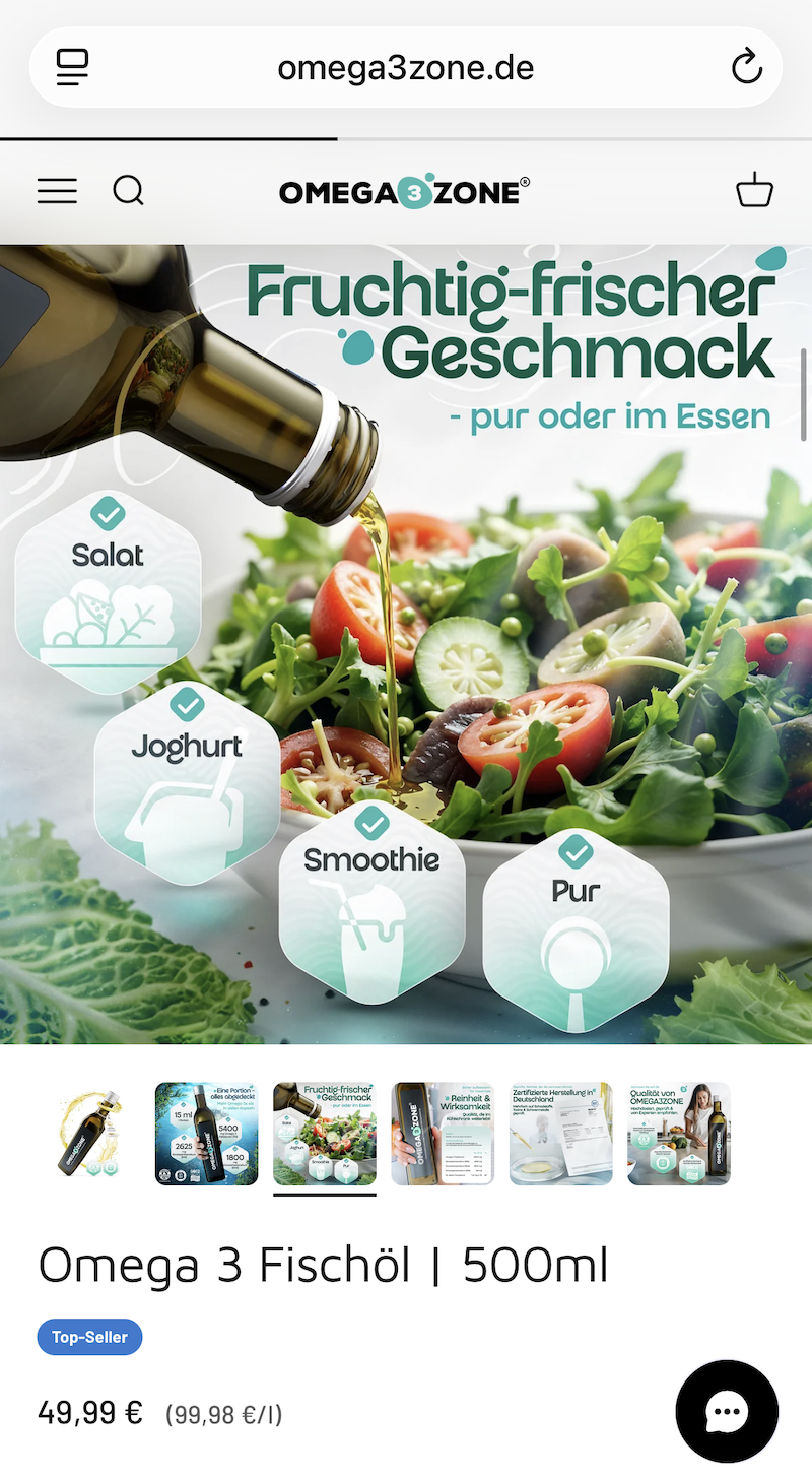 Shopify-Shop von omega3zone auf dem Smartphone