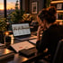 Frau arbeitet am Schreibtisch mit Laptop, Taschenrechner und Notizen vor einem Fenster mit Sonnenuntergang über der Stadt.