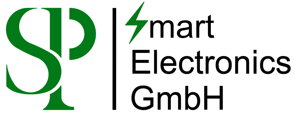 Grünes "SP" Logo mit schwarzem vertikalen Strich und Text "Smart Electronics GmbH" mit grünem Blitz.