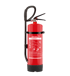 Roter Jockel Feuerlöscher mit Schlauch, schwarzem Standfuß und Bedienungsanleitung für Brandklassen A und F.