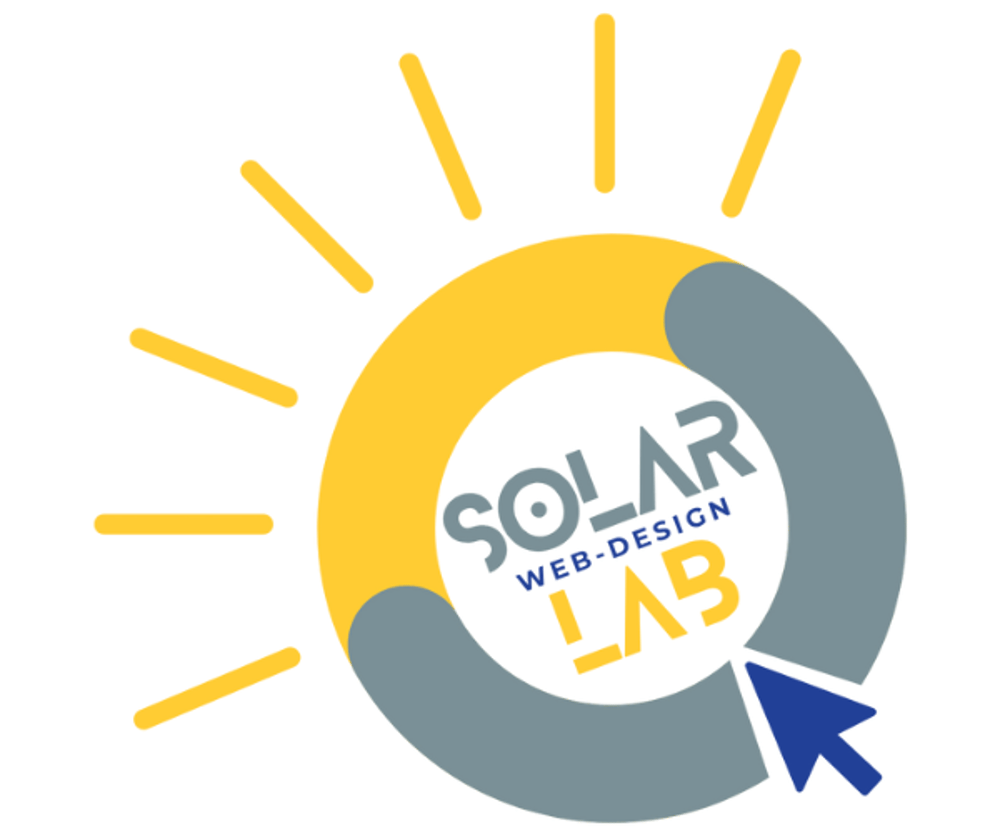 Logo: Gelbe Sonne mit Strahlen, umgeben von einem grauen Kreis, Text "SOLAR WEB-DESIGN LAB" und blauer Cursor.