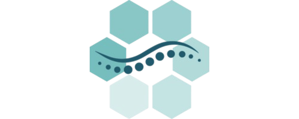 Hellblaue Sechsecke umgeben eine gewellte Linie mit Punkten, die eine Wirbelsäule oder DNA-Strang darstellt.