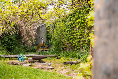 Gartenecke mit Feuerstelle und Holzstämmen.