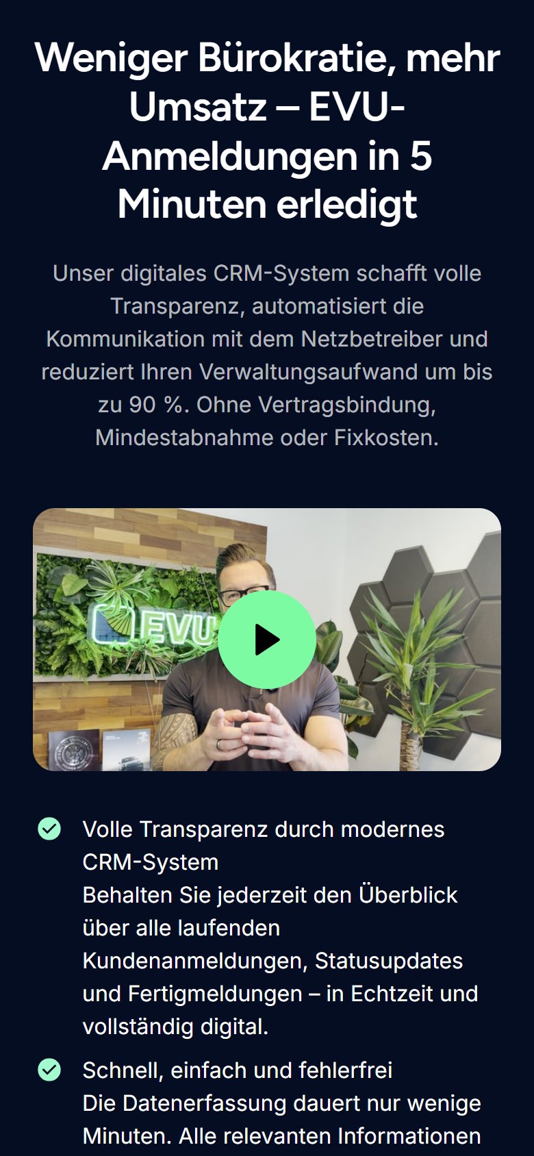 Mobile Ansicht der Website von EVU4u auf einem Smartphone
