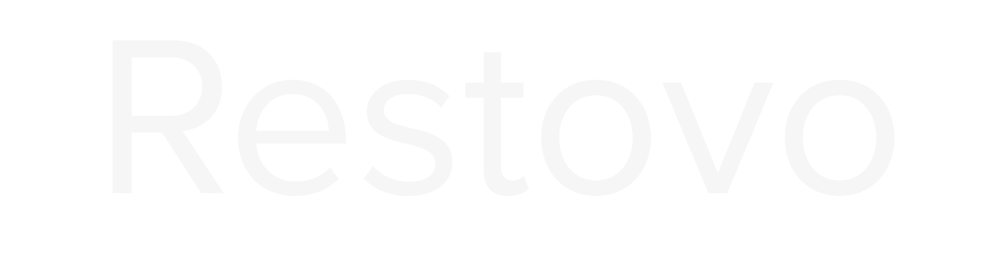 Weißer "Restovo"-Text auf dunkelgrünem Hintergrund.